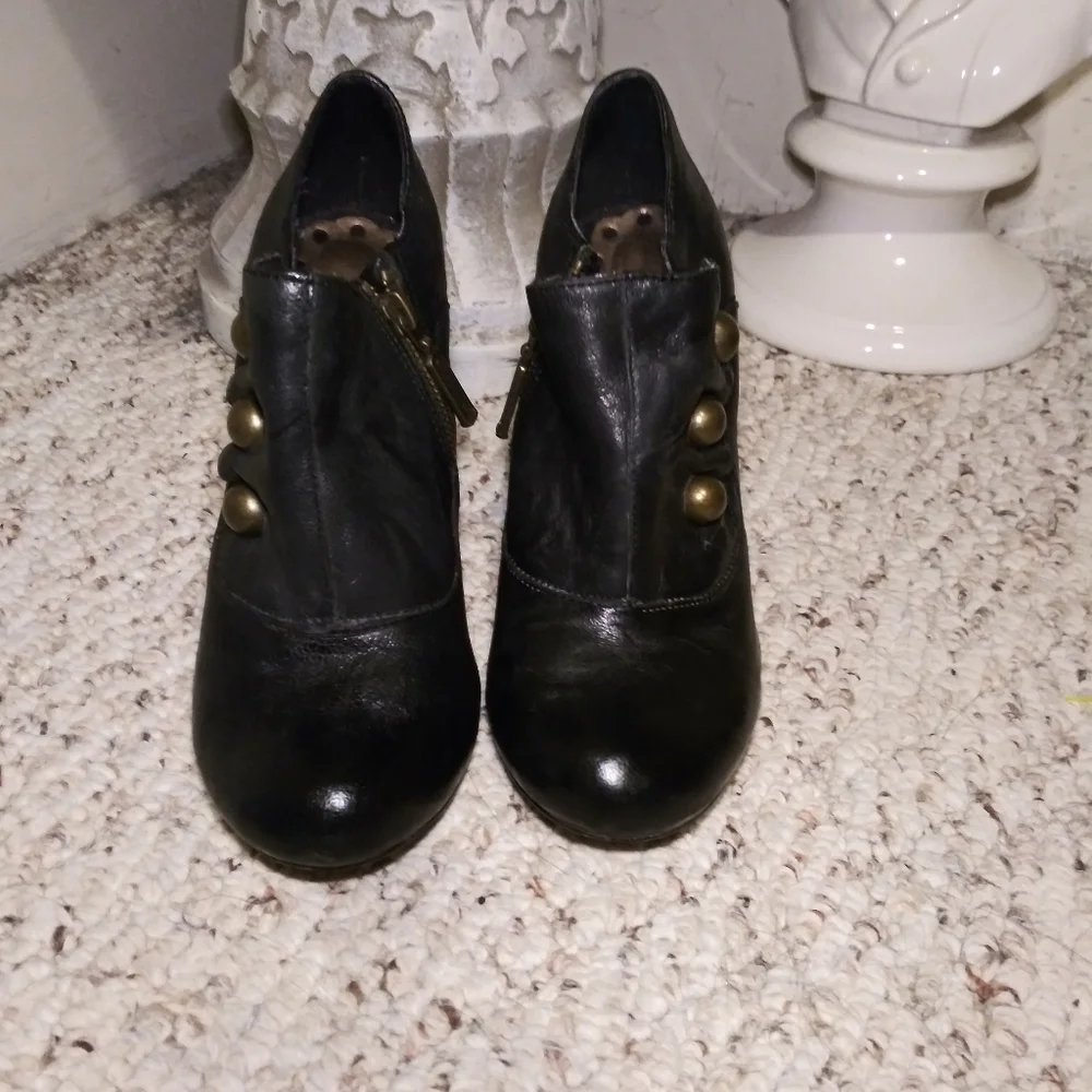 Anthro Seychelles Black Leather High Heel Booties with Button Detail